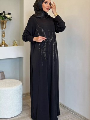 Siyah Bisiklet Yaka Taş İşlemeli Likralı Sandy Kumaş Elbise