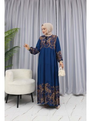 İndigo Sulu Desen Elbise