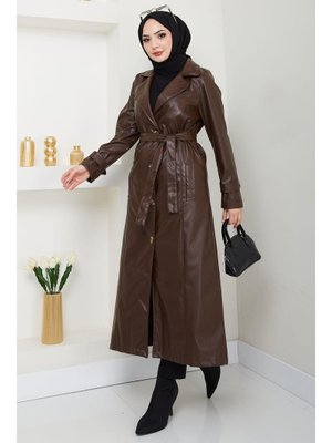 Kahverengi Kruvaze Yaka Kuşaklı Deri Trençkot Kahverengi Kruvaze Yaka Kuşaklı Deri Trençkot