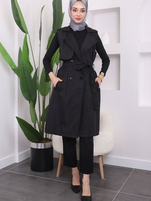 Siyah Bel Kuşaklı Omuzları Apoletli Yelek Siyah Bel Kuşaklı Omuzları Apoletli Yelek