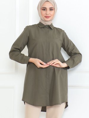 Haki Yeşili Terikoton Gizli Düğmeli Boyfriend Gömlek Haki Yeşili Terikoton Gizli Düğmeli Boyfriend Gömlek