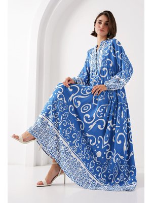B. İndigo Otantik Desenli Elbise