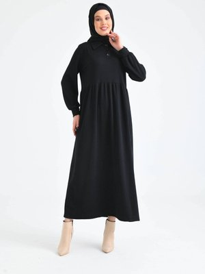 Siyah Düğmeli Yaka Balon Kol Gömlek Elbise Siyah Düğmeli Yaka Balon Kol Gömlek Elbise