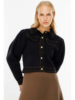 Siyah Metal Düğmeli Triko Bomber Ceket
