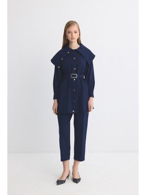 Lacivert Leor Yaka Detay Düğmeli Takım