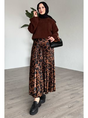 Büyük Leopar Desenli Piliseli Taba Etek Büyük Leopar Desenli Piliseli Taba Etek