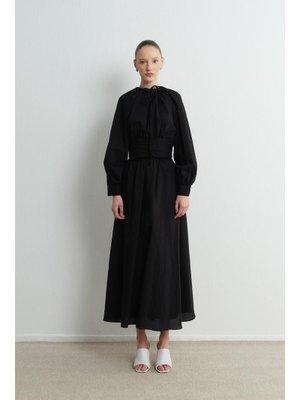 Siyah Freya Balon Kol Bel Büzgülü Etekli Takım