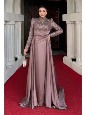 Kahverengi Üstü Boncuk Alt Saten Pelerin Detaylı Abiye Elbise Kahverengi Üstü Boncuk Alt Saten Pelerin Detaylı Abiye Elbise