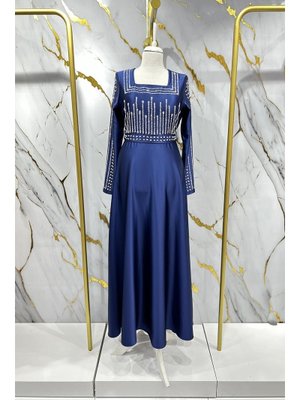 Lacivert Kadem Saten Abiye Elbise