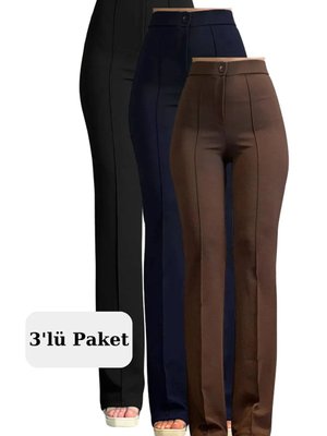 Siyah Lacivert Kahverengi Likralı Yüksek Bel Palazzo 3'lü Set Pantolon