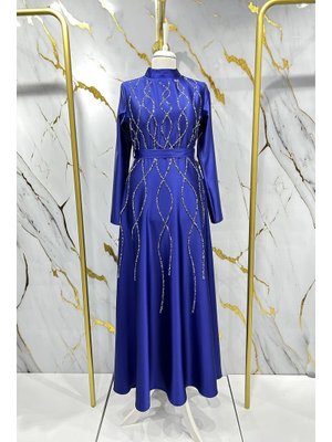 Saks Mavisi Feray Saten Abiye Elbise