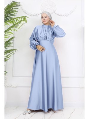 Açık Mavi Gülnun Saten Abiye Elbise