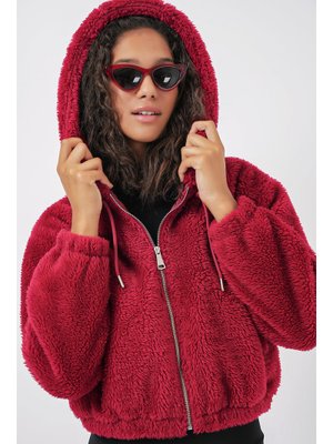 Bordo Kapüşonlu Peluş Crop Ceket Bordo Kapüşonlu Peluş Crop Ceket