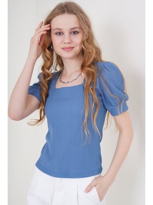 İndigo Kare Yaka Örme Bluz İndigo Kare Yaka Örme Bluz