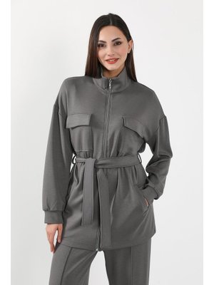 Antrasit Fermuarlı Cepli Swet Ceket,sw