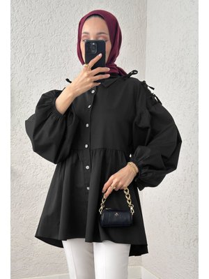 Siyah Dantel Detaylı Balon Kol Tunik