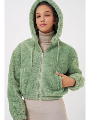 E.yeşil Kapüşonlu Peluş Crop Ceket E.yeşil Kapüşonlu Peluş Crop Ceket