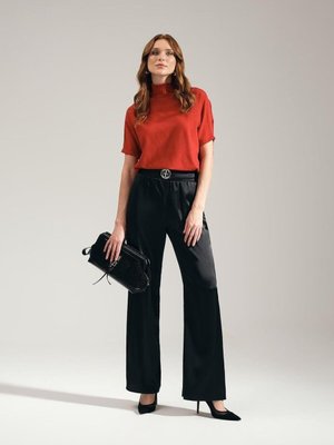 Siyah Gold Aksesuarlı Cepli Arkası Lastikli Bol Paça Saten Pantolon