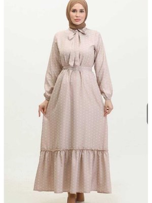 Bej Yaz Ponpon Elbise Geniş Kalıp