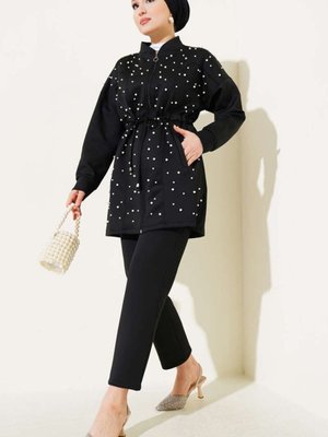 Siyah İnci Süslemeli Scuba İkili Takım Siyah İnci Süslemeli Scuba İkili Takım