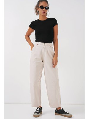 Ekru Yüksek Bel Kot Pantolon Ekru Yüksek Bel Kot Pantolon