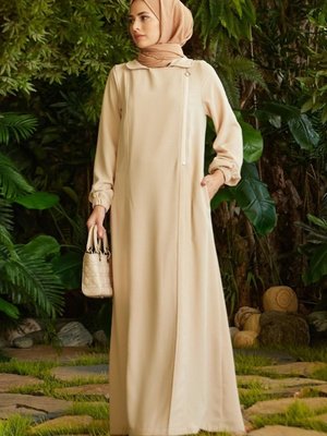 Krep Yan Fermuarlı Ferace Açık Bej