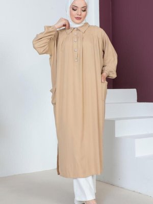 Yanları Yırtmaç Robalı Tam Boy Tunik Bej Yanları Yırtmaç Robalı Tam Boy Tunik Bej