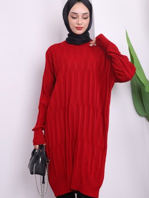 Kırmızı Bisiklet Yaka Merserize Salaş Triko Tunik Kırmızı Bisiklet Yaka Merserize Salaş Triko Tunik