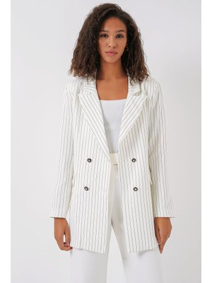 Beyaz Çift Düğmeli Çizgili Blazer Ceket Beyaz Çift Düğmeli Çizgili Blazer Ceket