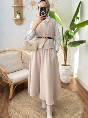 Kemerli Yelek Etek Takım Taş Rengi