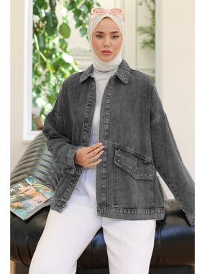 Siyah Yakası Taş Detaylı Kot Ceket