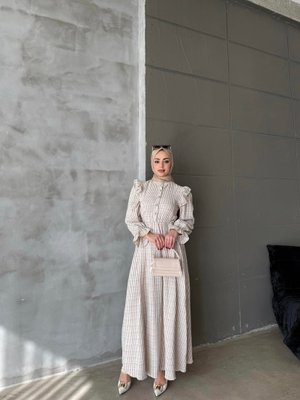 Krem Gofre Fırfırlı Elbiise