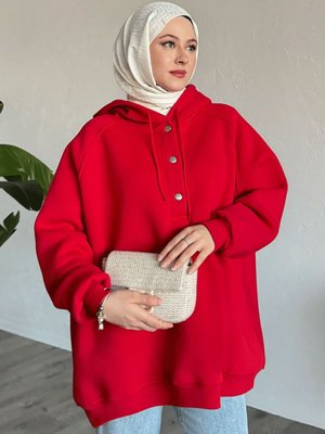 Çıtçıt Yaka Kapüşonlu Kırmızı Sweat Çıtçıt Yaka Kapüşonlu Kırmızı Sweat