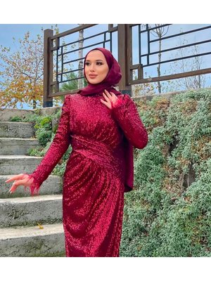Pul Payetli Bordo Abiye Elbise