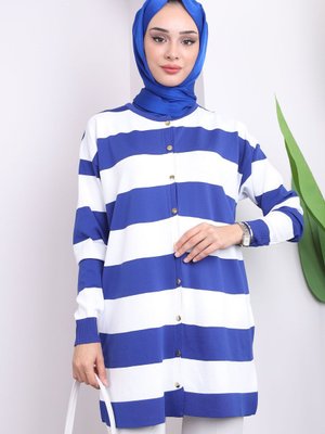 Saks Mavi Düğmeli Soğuk Iplik Triko Hırka