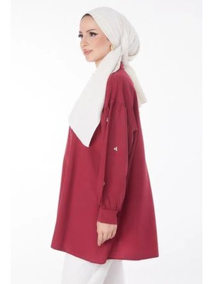 Düz Gömlek Yaka Bordo Tunik