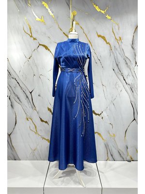 İndigo Burcu Krep Saten Abiye Elbise