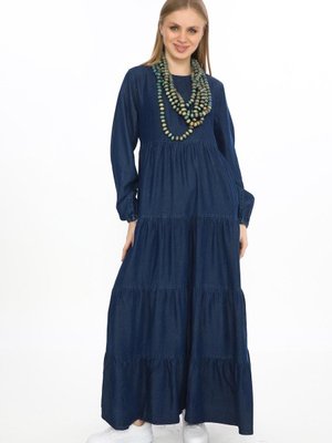 Mavi Ferace Uzun Kol Önden Düğmeli Kot Elbise