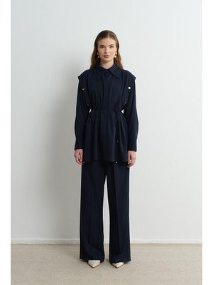 Lacivert Volan Çıt Detaylı Gömlek Takım