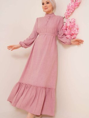 Pudra Fırfır Detaylı Yaka Düğmeli Elbise Pudra Fırfır Detaylı Yaka Düğmeli Elbise