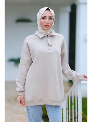 Krem Yarım Fermuar Detay Sweat Krem Yarım Fermuar Detay Sweat