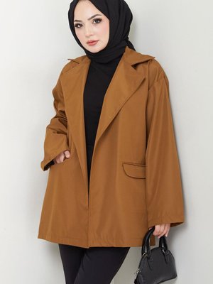 Leopar Detaylı Oversize Bondit Ceket Taba Leopar Detaylı Oversize Bondit Ceket Taba