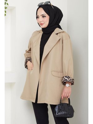 Vizon Leopar Detaylı Oversize Bondit Ceket Vizon Leopar Detaylı Oversize Bondit Ceket