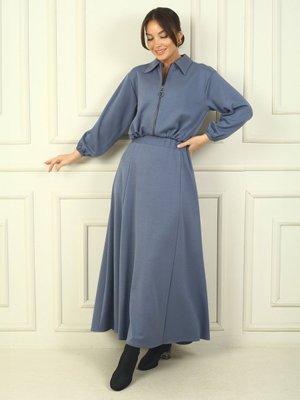 Kot Mavi Önü Fermuarlı Ceket Beli Lastikli Uzun Etek Osyho 2'li Takım