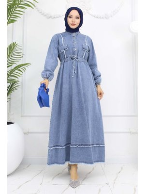 Mavi Beli Büzgülü Kot Elbise