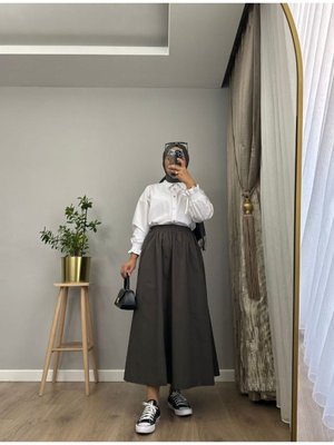 Premium Beli Lastikli Cepli Poplin Beyaz Etek