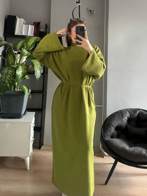 İp Bağlamalı Triko Elbise Yağ Yeşili İp Bağlamalı Triko Elbise Yağ Yeşili