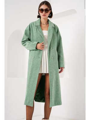 Yeşil Oversize Geniş Kesim Yünlü Uzun Kaşe Kaban