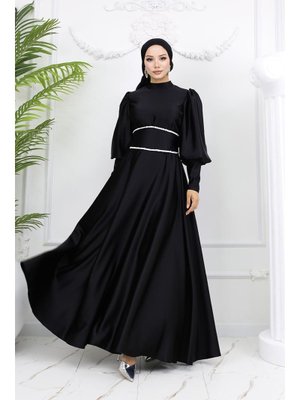 Siyah Sehran Saten Abiye Elbise
