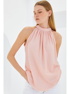 Pudra Halter Yaka Örme Bluz Pudra Halter Yaka Örme Bluz